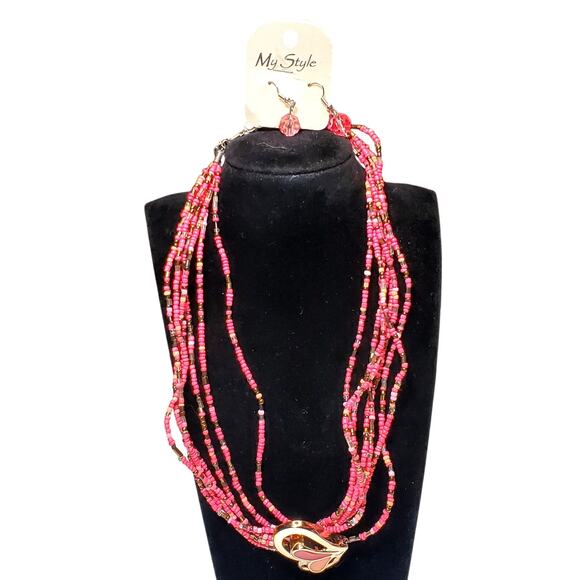 New Multi Strand Seed Bead Necklace Dangle Earring Set 18" Unsigned Retro - Picture 1 of 5
